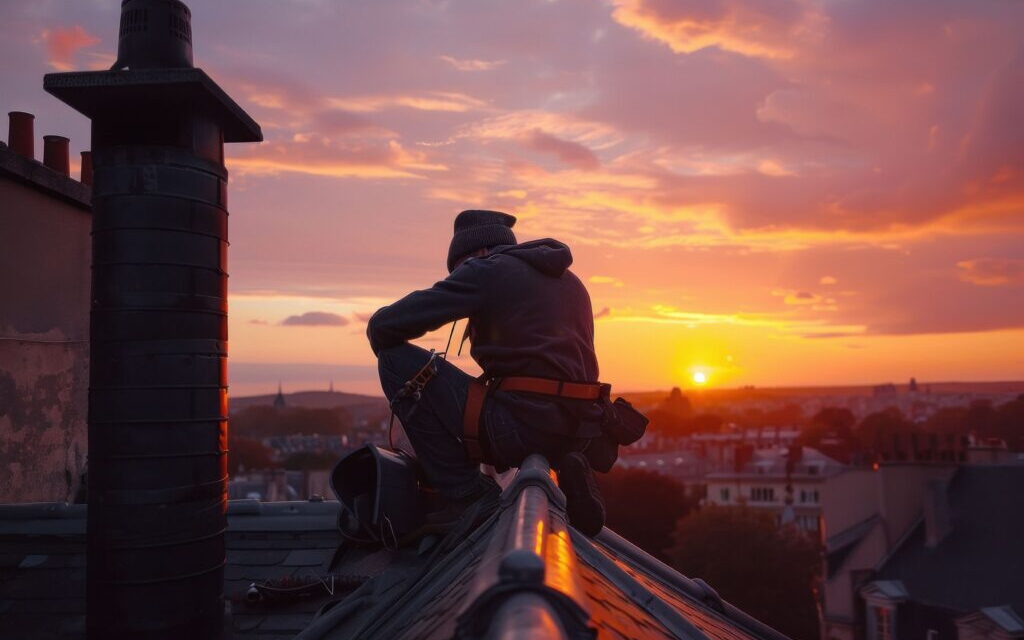 Ramoneur au travail sur un toit, au coucher du soleil, dans le Tarn